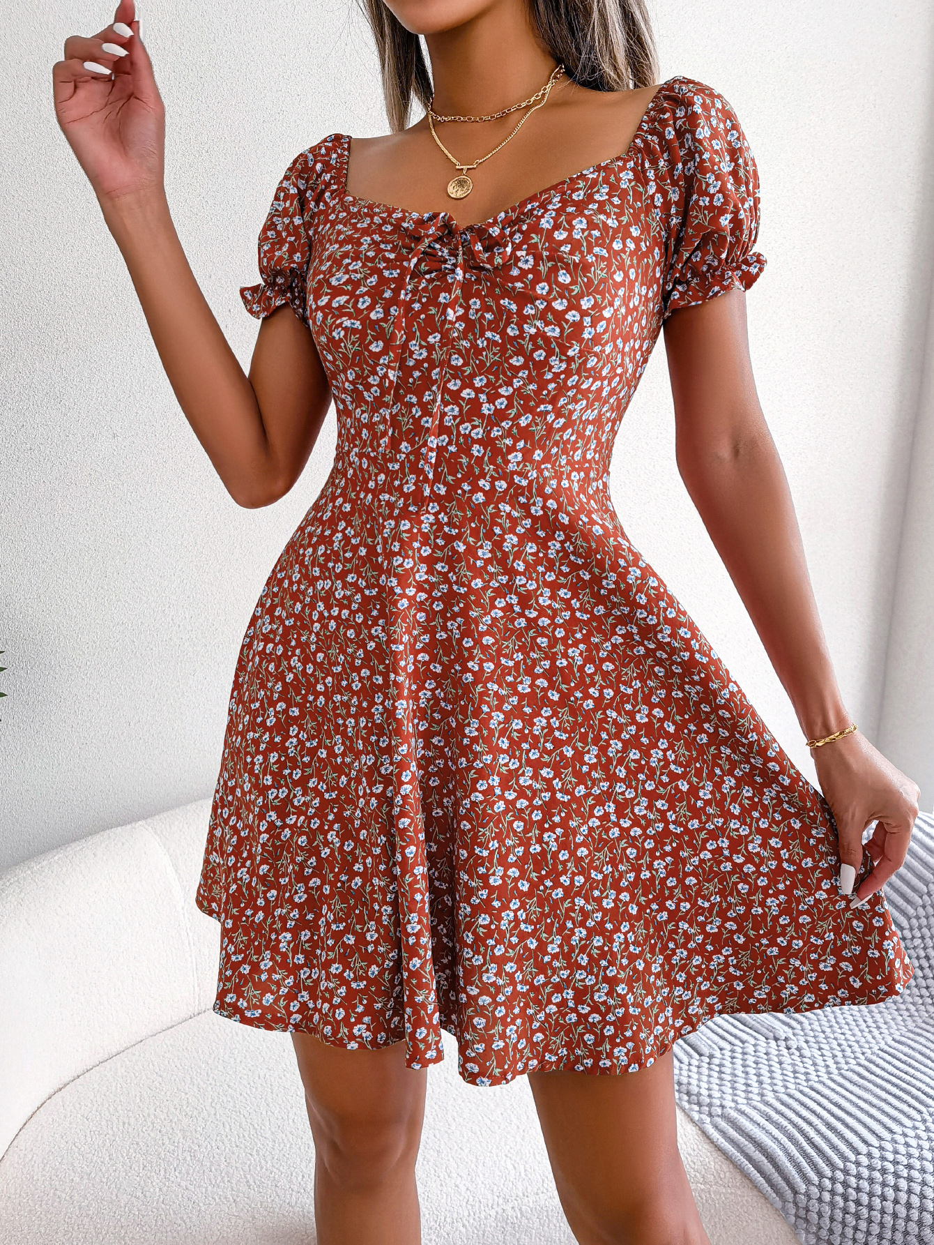 Women Casual Bell Sleeve Drawstring Tie Flowy Floral Print Dress thumbnail 4
