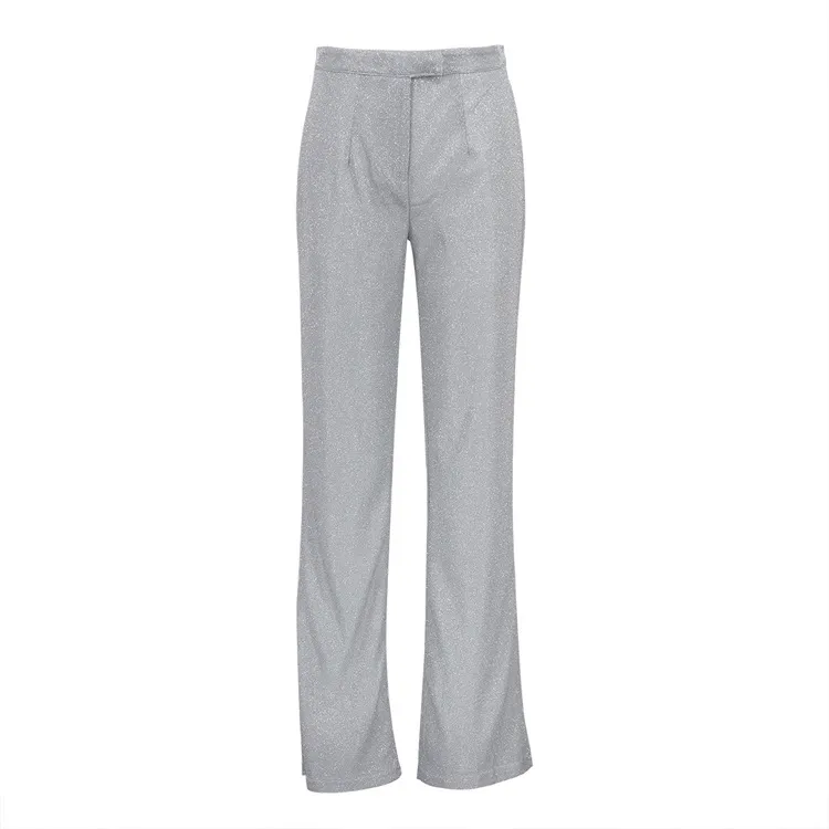 Camisole Slim Straight High Waist Pants Street Glitter Jacket Night Club Suit - Silver Trousers