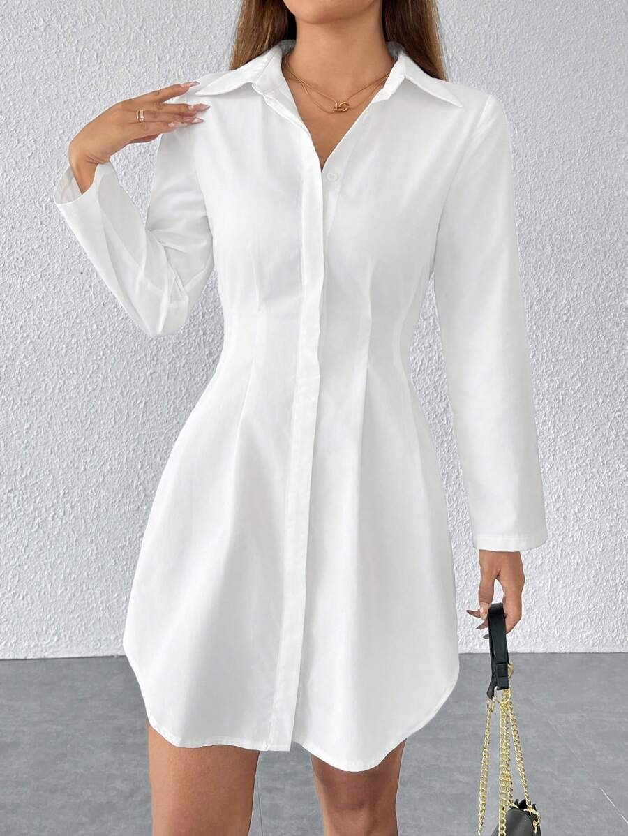 Collared Button Front Waist Cinched Long Sleeve Shirt Dress