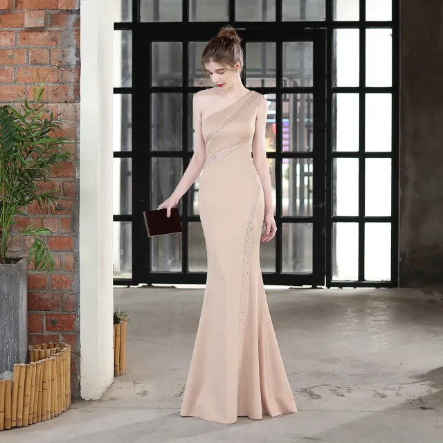 Toast Dress Bride Long One shoulder Thank You Banquet Slim Fishtail Skirt Apricot - Shop at LoveMi
