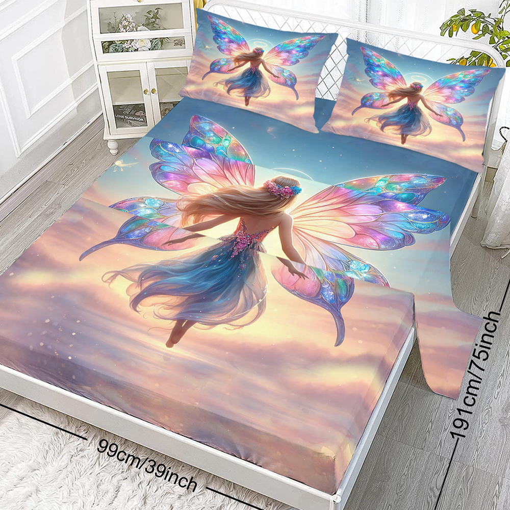 Rainbow Girly 4 Piece Flat Sheets Set, Butterfly Bed Set With 1 Fitted Sheet 1 Flat Sheet 2 Pillowcases, Rainbow