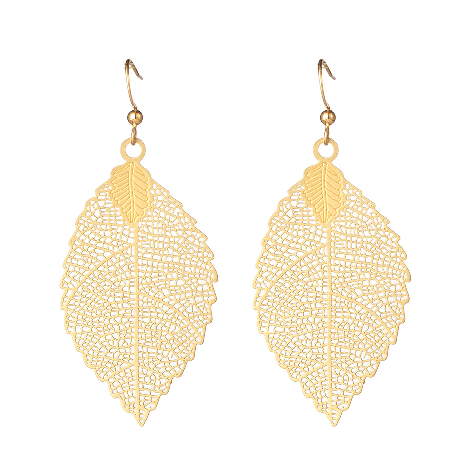 Fashion Metal Leaf Female Personality Hollow Carved Temperament Long Earrings
