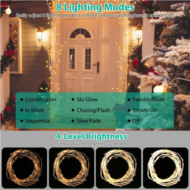 Birch Flower Wreath With Light String And Timer, 8 Modes, IP45 Waterproof
