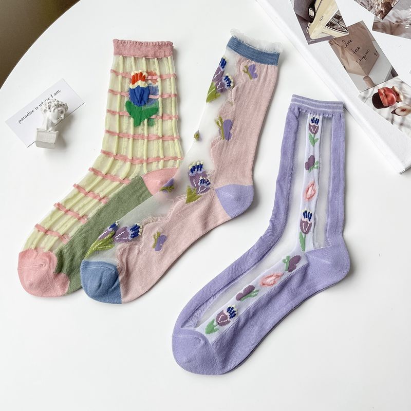 Breathable Garden Party Flower Socks Academic Sweet Glass Socks For Women