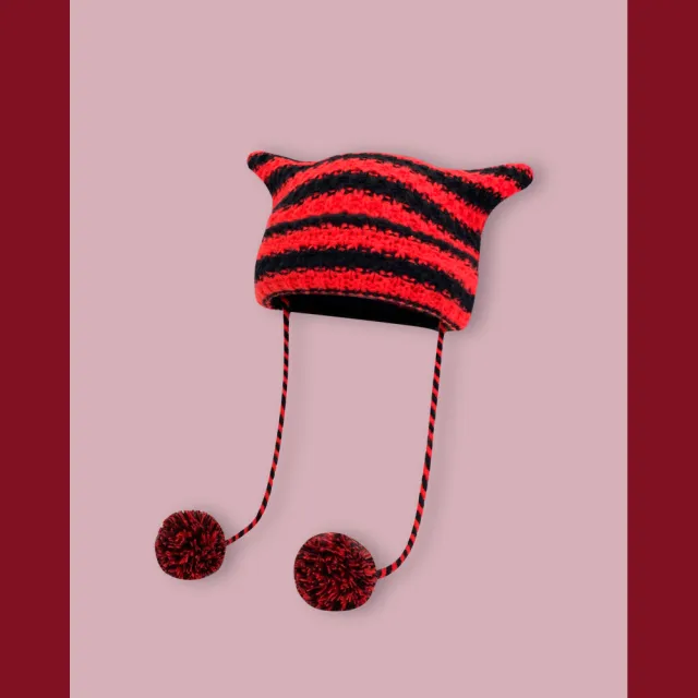 Striped Knitted Wool Hat Japanese Style Red And Black Striped Fur Ball - Shop at LoveMi
