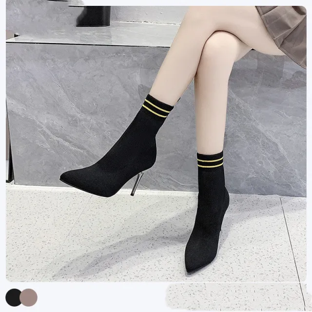 Women's Fashion Pointed Toe Stiletto Flying Knitted Ankle Boots Black - Shop at LoveMi