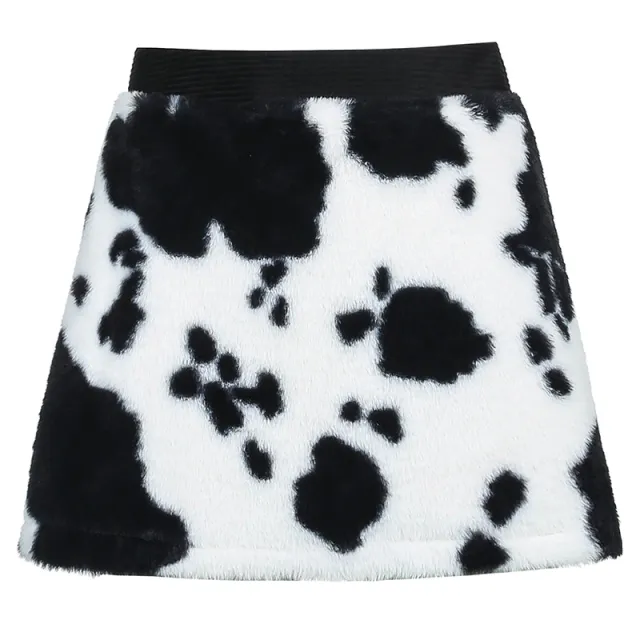 Fashionable Soft Cow Pattern Hairy Bag Hip Skirt Female Retro High Waist Temperament All match White - Shop at LoveMi