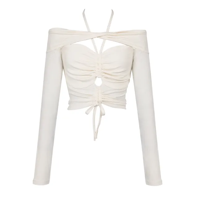 Off Shoulder Drawstring Waist Cut Out Long Sleeves Apricot - Shop at LoveMi