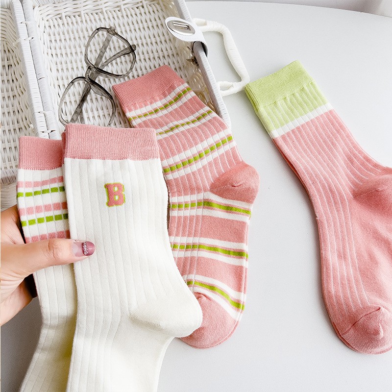 Socks For Children, Mid Tube Cotton Socks, Korean Version, Pink Striped Long Tube Socks, Japanese Style, College Style, Personality, Versatile, And Trendy Socks For Outerwear