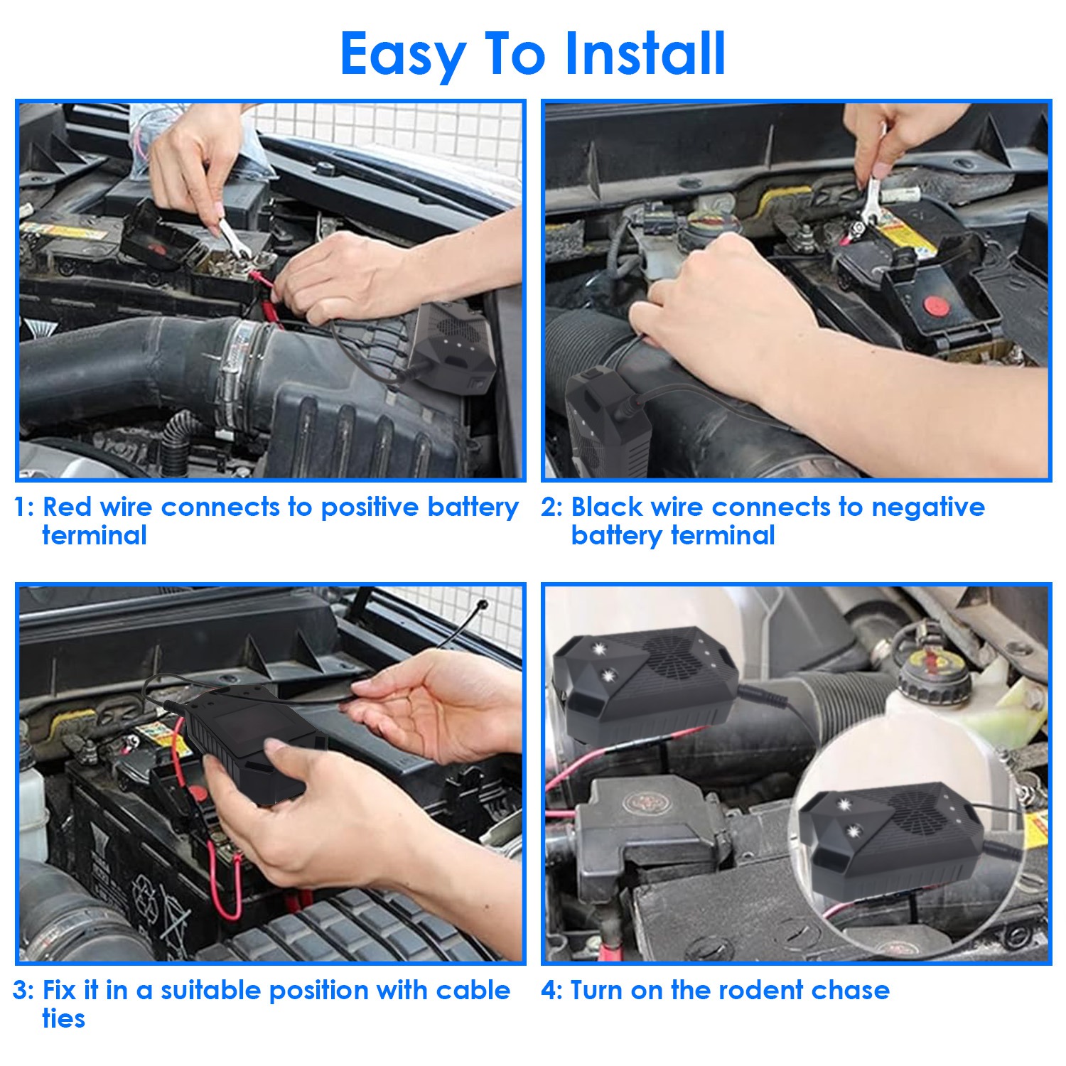 2 Pack Under Hood Ultrasonic Rodent Repeller Rodent Control Deterrent Chaser Blocker For Vehicle Indoor With Strobe Light 3 Power Supplies 10