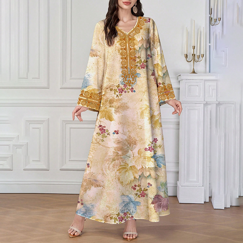 Women's Chic Bohemian Floral V Neck Maxi Dress, Elegant Golden Long Sleeve Loose Fit Casual Dress Gold - Shop at LoveMi