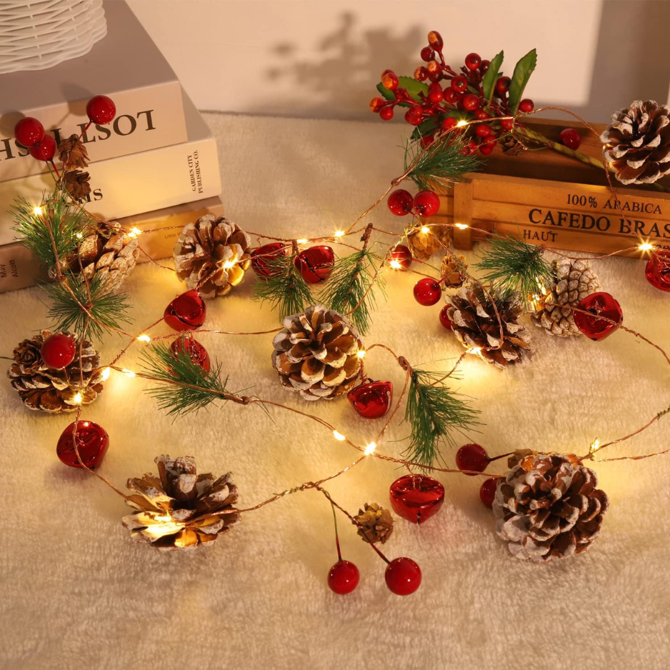 10FT Christmas Garland With 30 LED Lights, Red Berries & Pine Cones