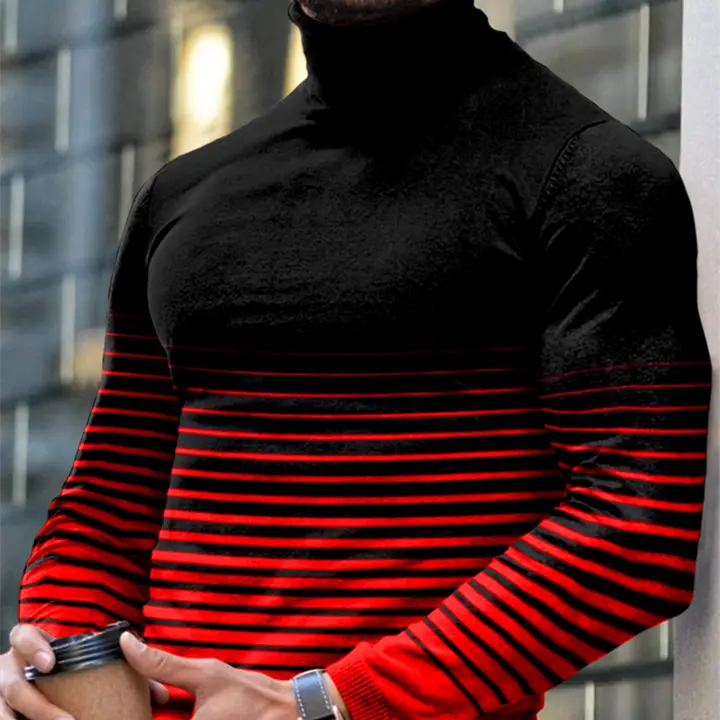 Autumn Winter Men's Long Sleeve Turtleneck T Shirt Printed Casual Top