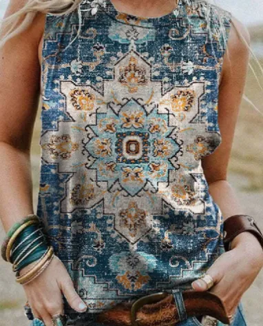 Retro Print Round Neck Short Sleeve Women's T shirt J1Color - Shop at LoveMi