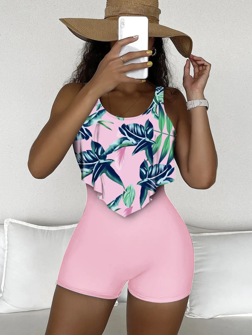 One Piece Tropical Plant Print Colorblock Boxer Conservative Swimsuit - Pink