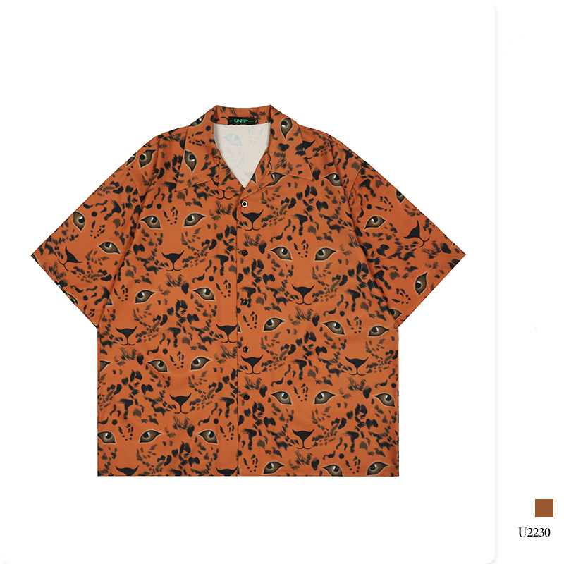 Hawaiian Leopard Face Print Shirt Loose Short Sleeve Men