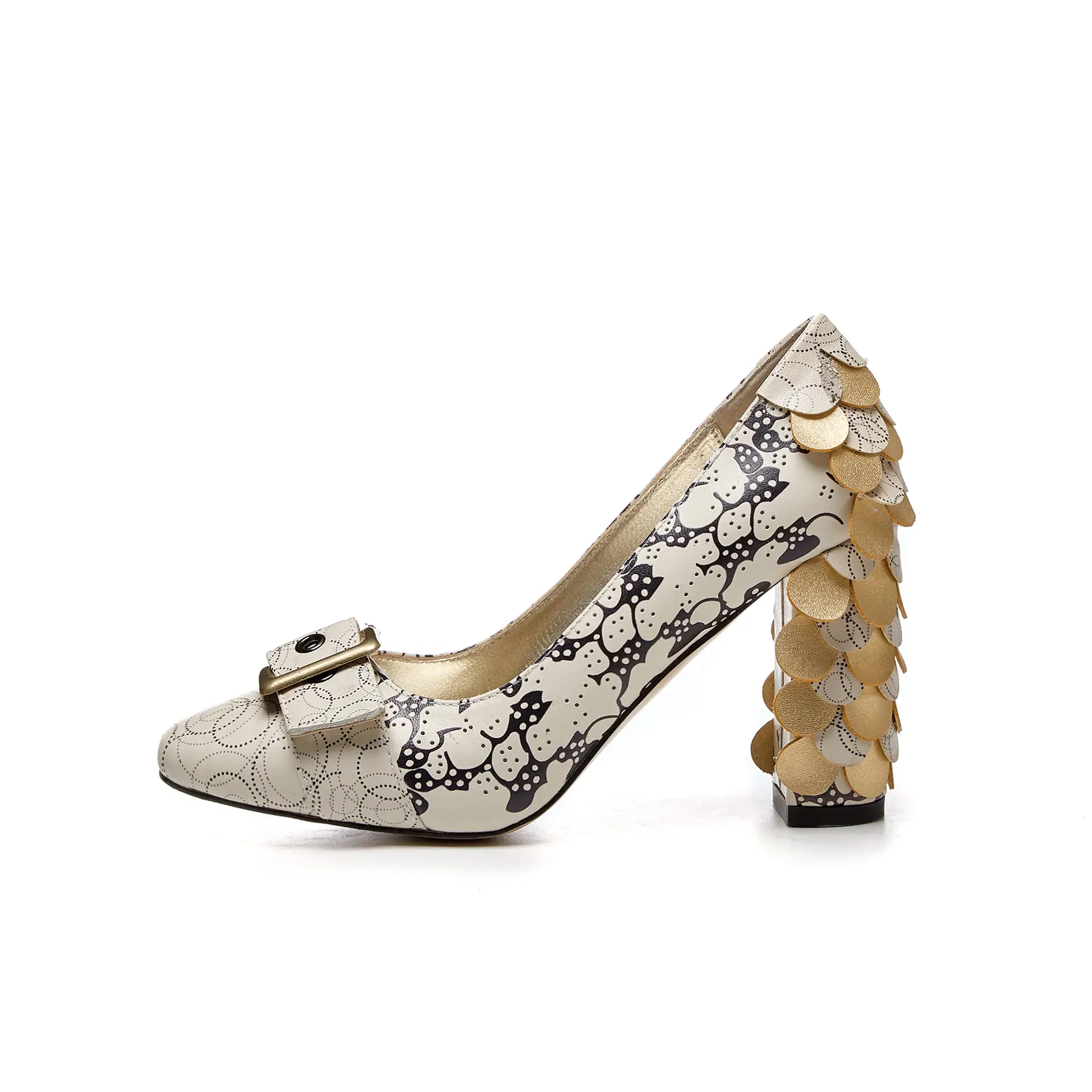 Beige Square Toe Chunky Heel Pumps with Decorative Buckle