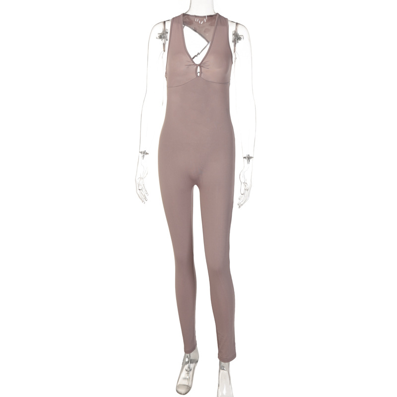 Women's Solid Color V Neck Backless Slim Fit Sports Fitness Jumpsuit Color S - Shop at LoveMi