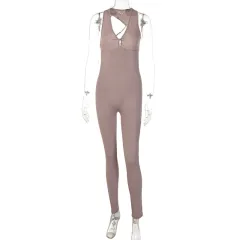 Women's Solid Colour V-Neck Backless Slim Fit Sports Fitness Jumpsuit - Colour - View 1