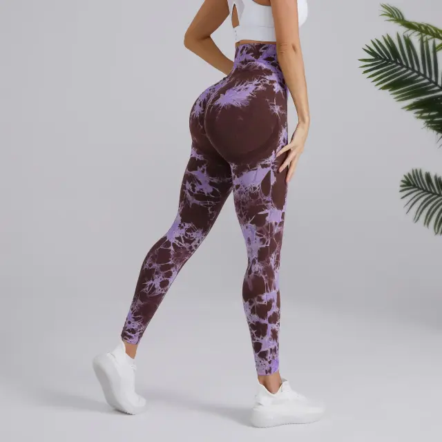 Tie dye Printed Yoga Pants Fashion Seamless High waisted Hip lifting Trousers Sports Running Fitness Pants For Womens Clothing Coffee Purple - Shop at LoveMi