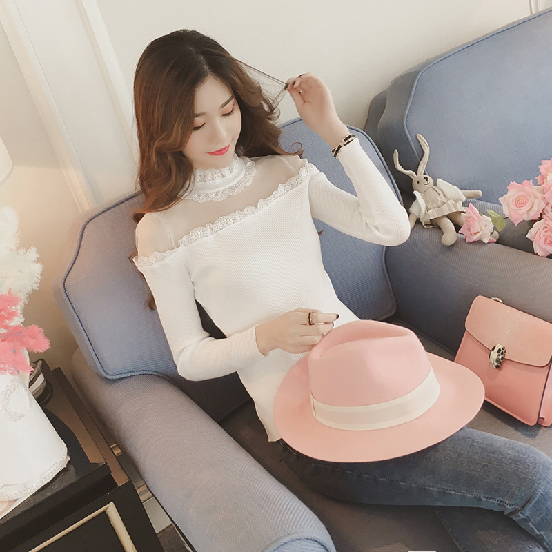 Women's Long-sleeved Mesh Stitching With Imitation Knitted Bottom