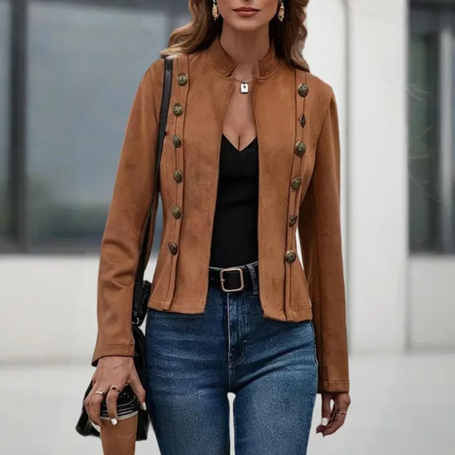 Women's Stand Collar Double Breasted Jacket Solid Color Long Sleeve Streetwear Coat Lightweight Spring&Fall Fashion Dark Khaki - Shop at LoveMi