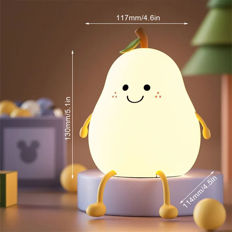 LED Pear Fruit Night Light USB Rechargeable Dimming Touch Silicone Table Lamp Bedroom Bedside Decoration Couple Gift Boby Light – image 3