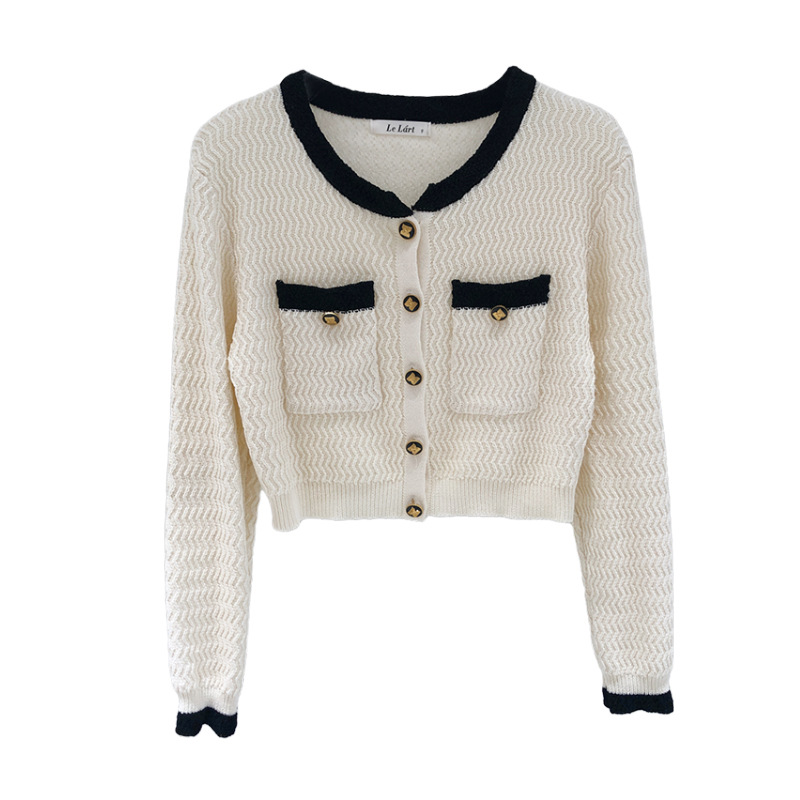 Women's Black And White Colorblock Gold Button Knitted Sweater