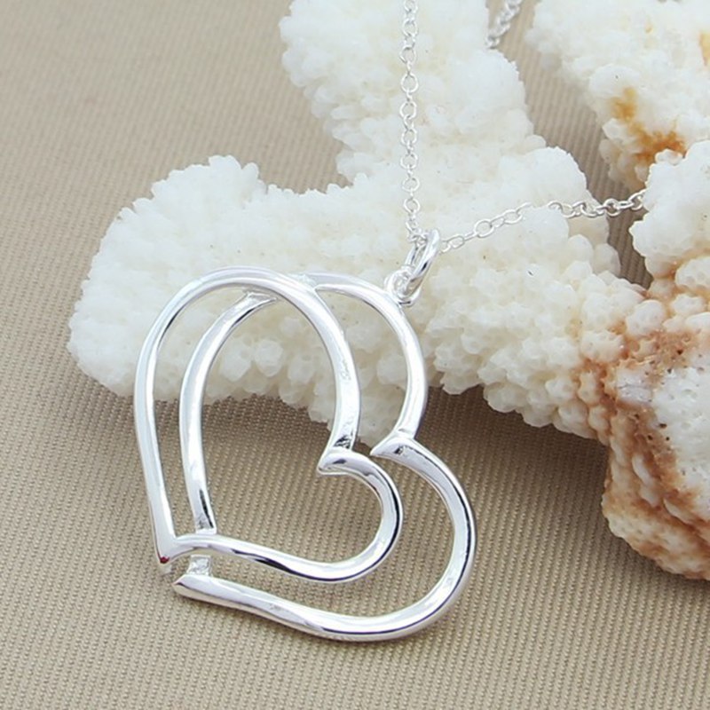 Silver-plated Double Peach Heart O-shaped Necklace
