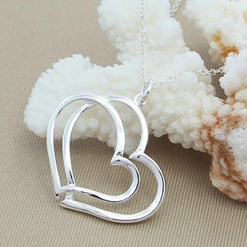 Silver-plated Double Peach Heart O-shaped Necklace