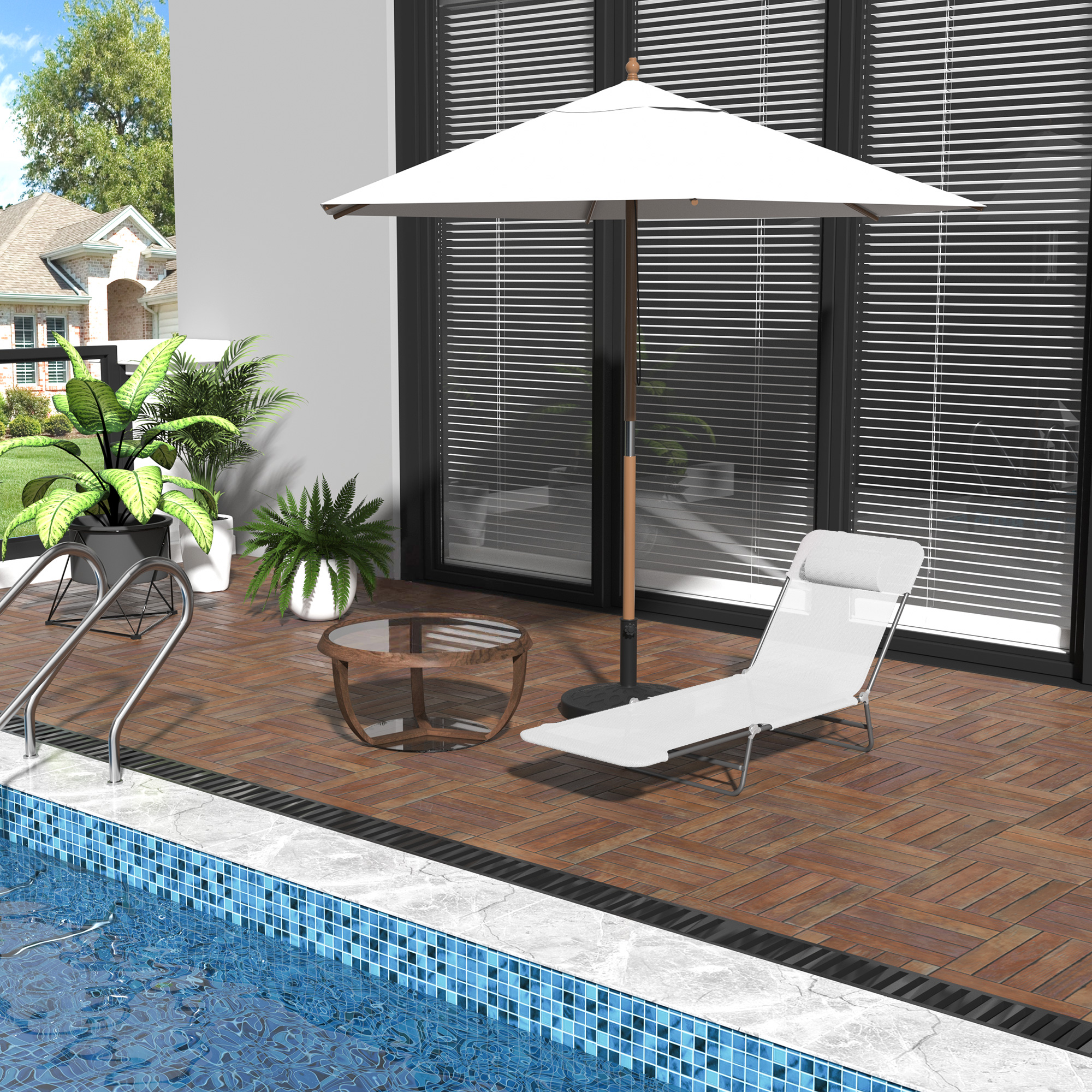 Folding Chaise Lounge Chair, Cream White, 5-Level Adjustable With Headrest, Breathable Mesh For Beach & Patio_voghion.com