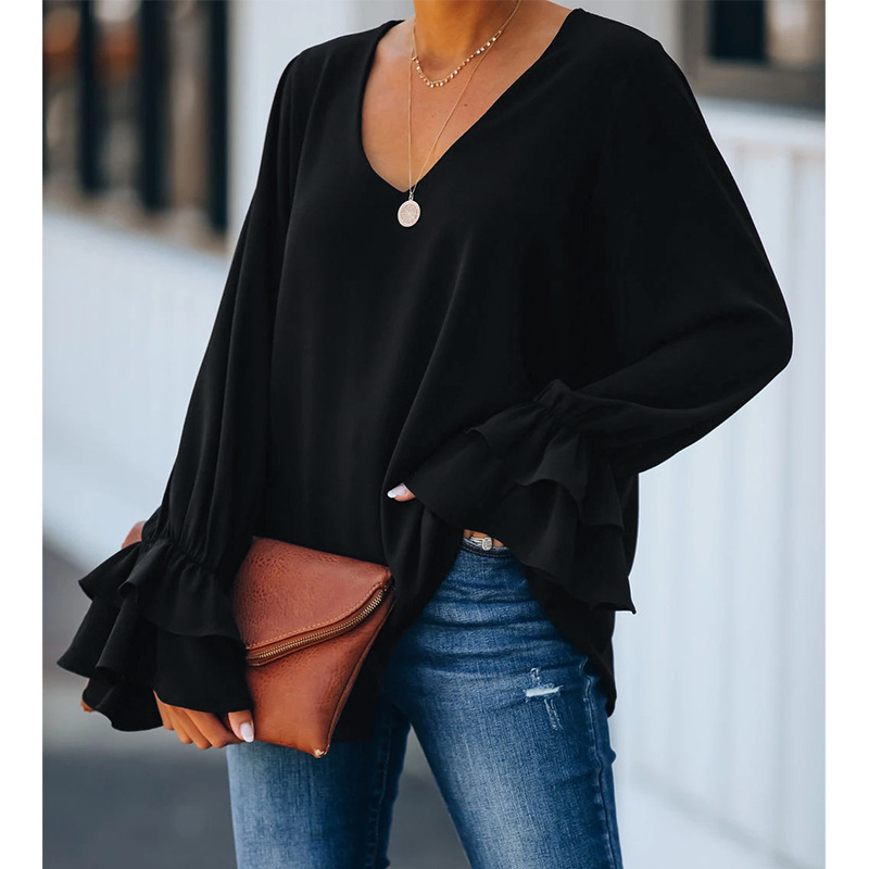 Women's Casual Loose Solid Color V-neck Long-sleeved T-shirt Top Women