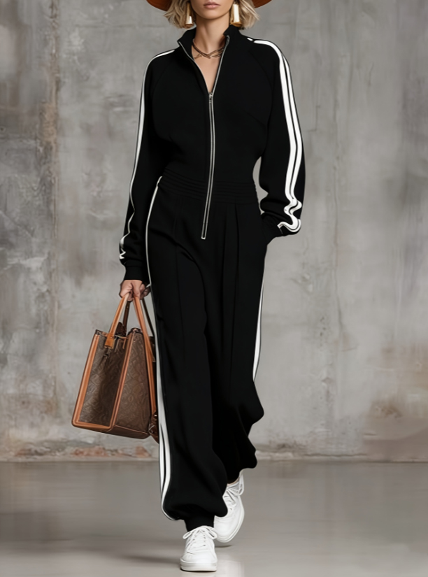Stand Up Collar Zipper Striped Wide Leg Jumpsuit