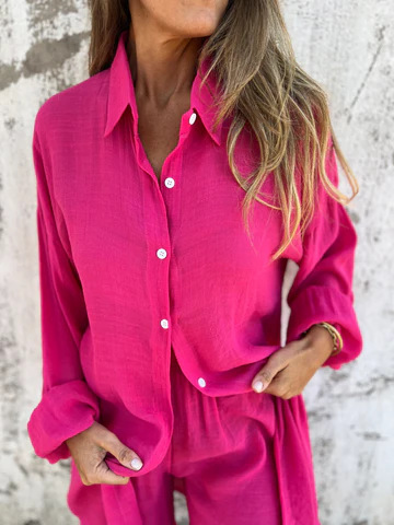 Loose Long sleeved Shirt Suit With Lapel Button Tops And Elasticated Shorts Fashion Casual Clothing For Women Red - Shop at LoveMi