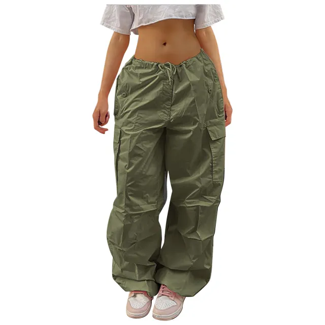 Casual Cargo Pants For Women Solid Color Drawstring Pocket Design Fashion Street Trousers Girls Army Green - Shop at LoveMi