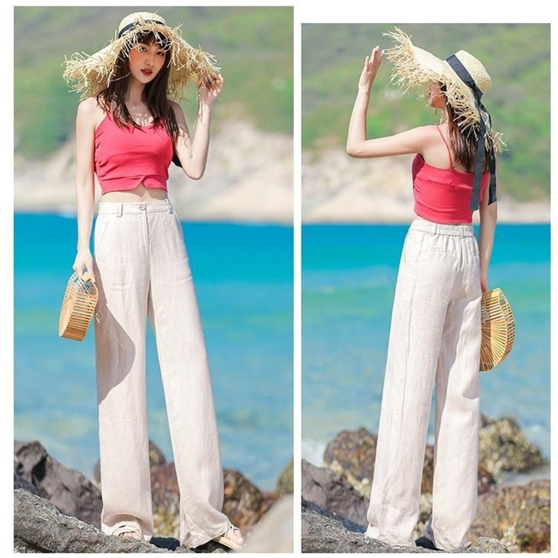 Title 3, Linen loose straight high waist slimming trousers