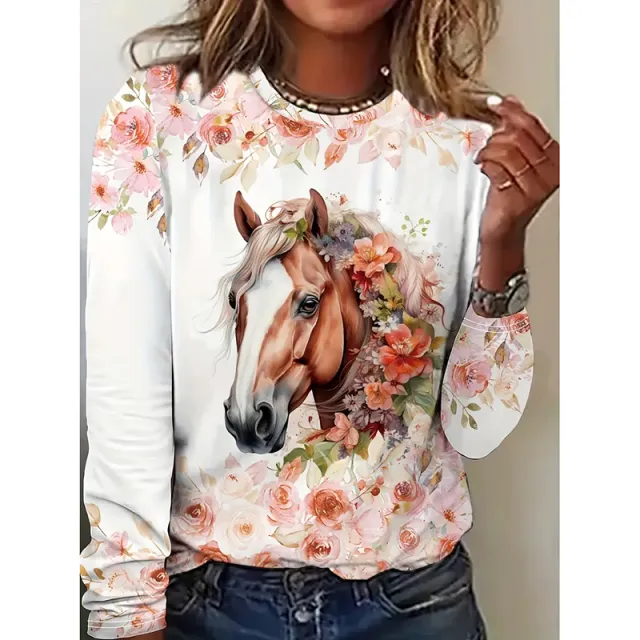 Womens Horse Printed Crewneck Long Sleeve Shirts Casual Dressy Animal Lover Gift Blouses Tee White - Shop at LoveMi