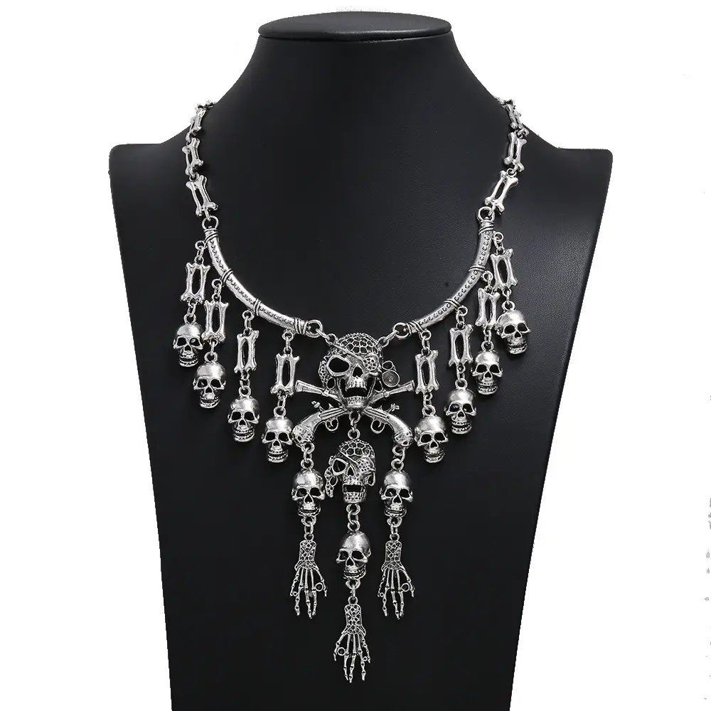 Retro Exaggerated Multilayer Skull Tassel Necklace