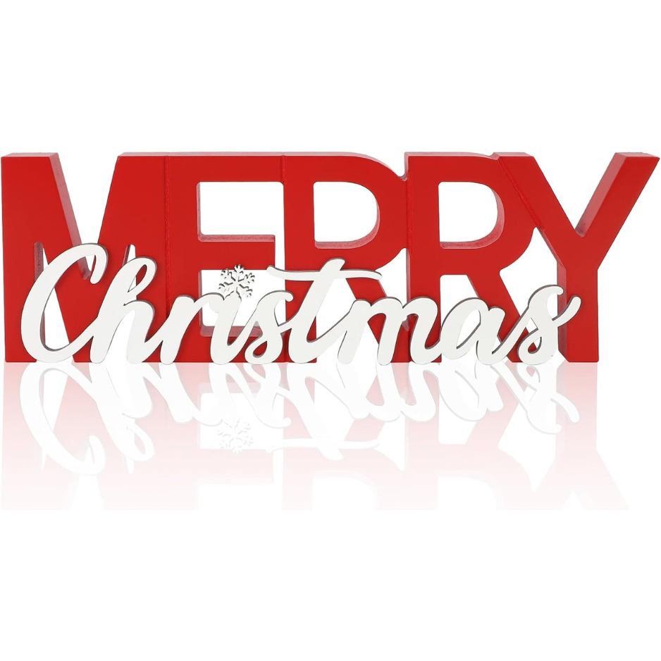Wooden Merry Christmas Sign, Winter Decorations For Home, Office, Shelf, Mantel, Indoor, Wood Snowflake Decor, Red White Table Top Party Decoration