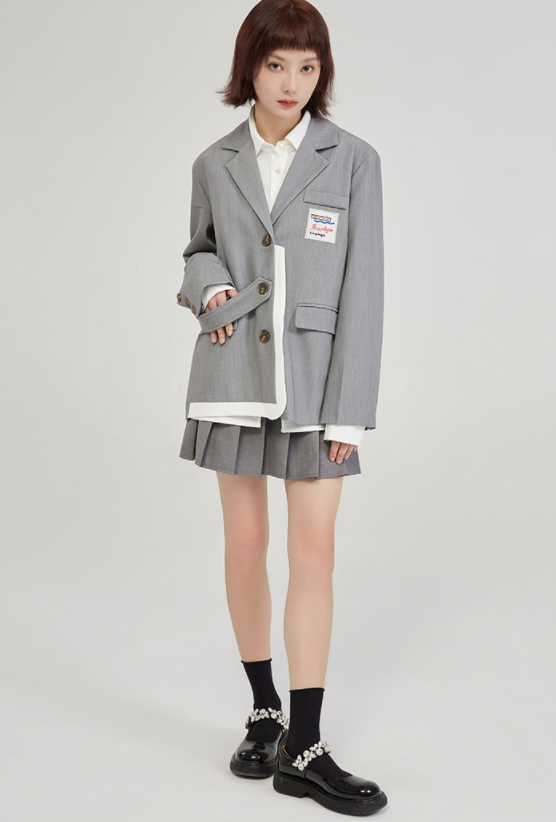 College Style Gray Suit Jacket Female Design Sense Niche Autumn Wear Contrast Color Casual Suit