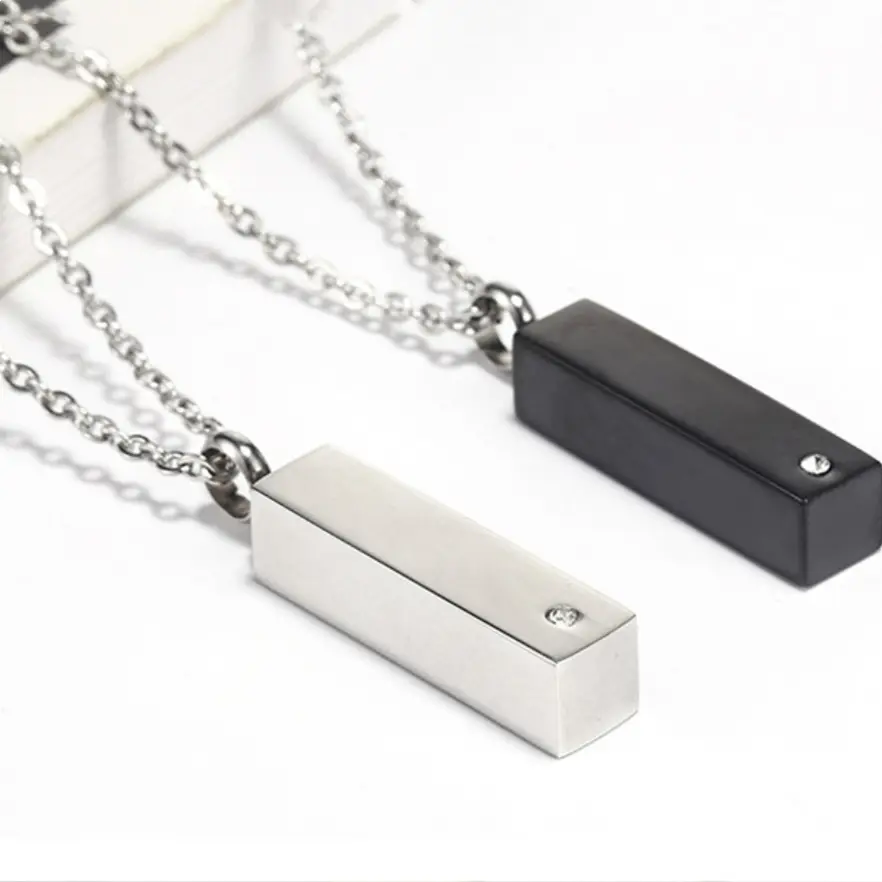 Square Pendant Silver Black Stainless Steel Metal Necklace