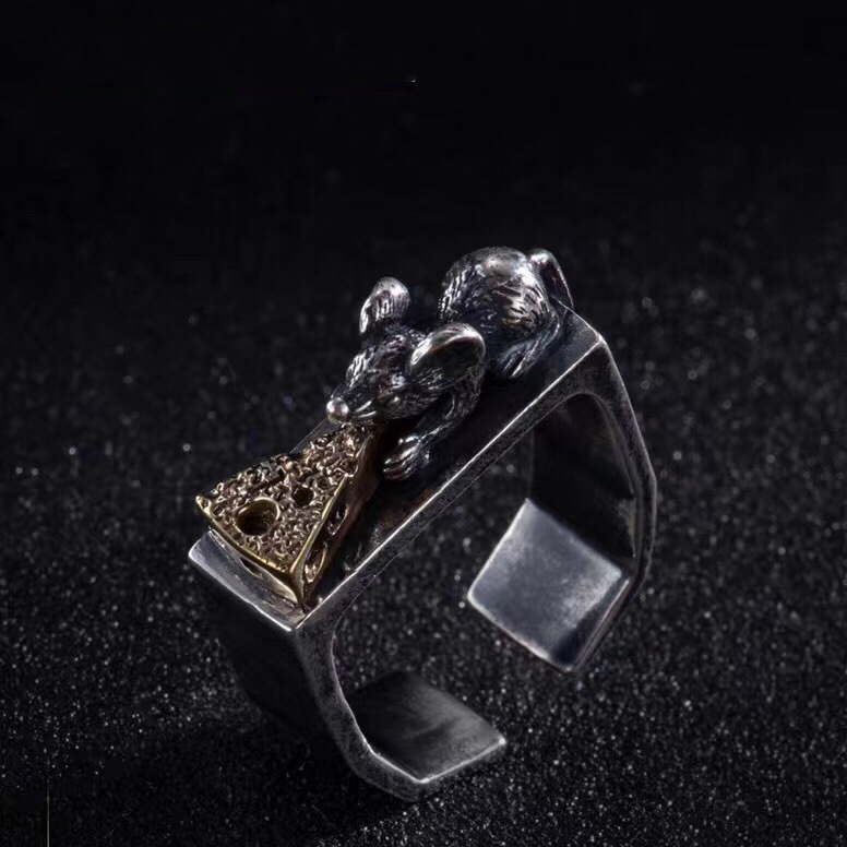 1pcs 990 Sterling Silver Retro Mouse & Cheese Open Ring, Quirky Street Style, For Daily Wear & Casual Outfits 3
