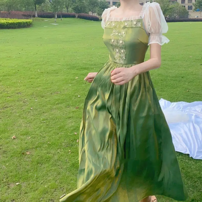 Niche Embroidered Oneshoulder Puff Sleeve Mesh Skirt Dress Long
