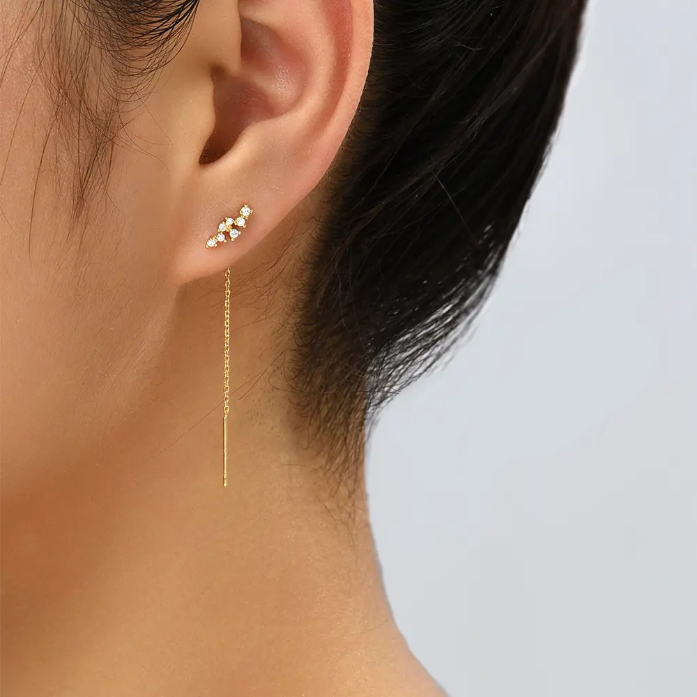 Korean Fashion Earrings Simple Long-style Tassel Copper Micro-inlay Zircon Earrings