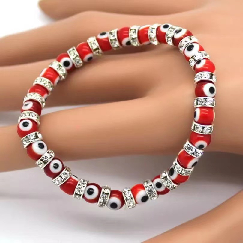 6mm Glass Beaded Alloy Diamond Beaded Elastic Bracelet for Women