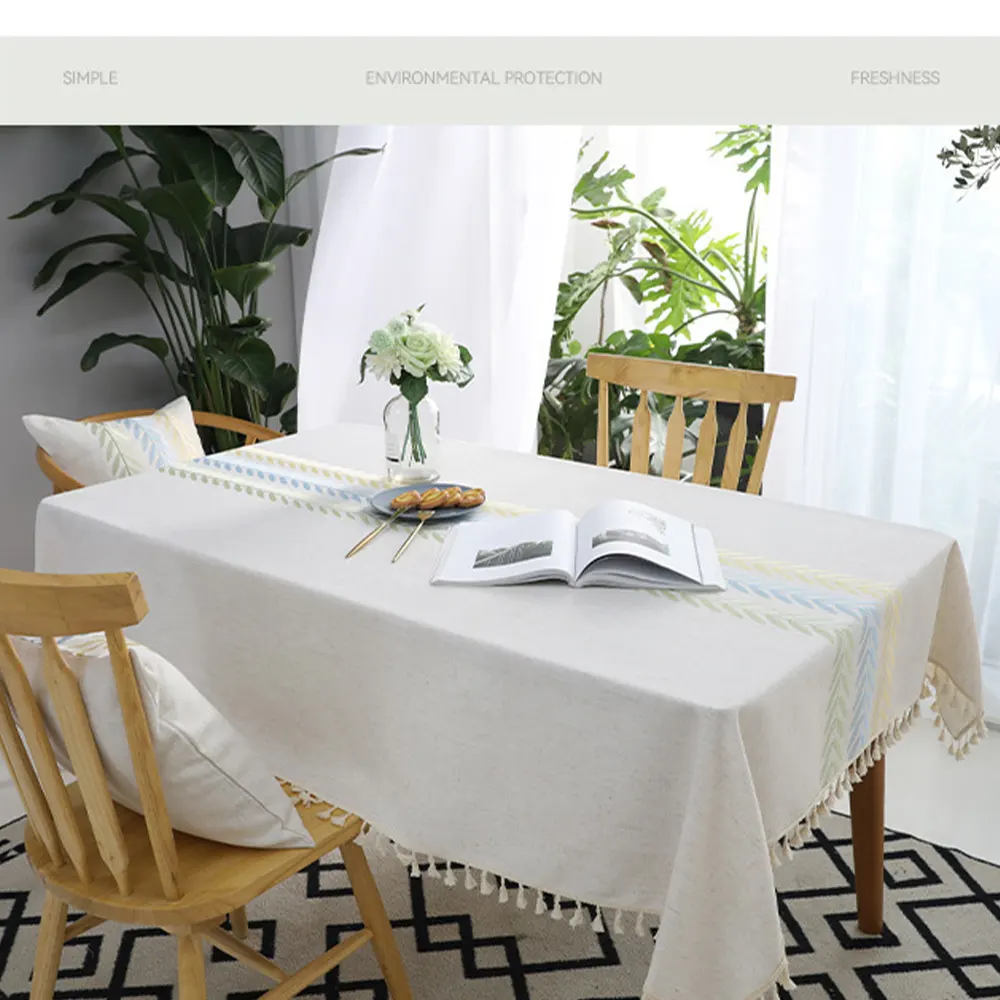 Cotton Linen Rectangular Tablecloth with Tassel Square Table Cloth