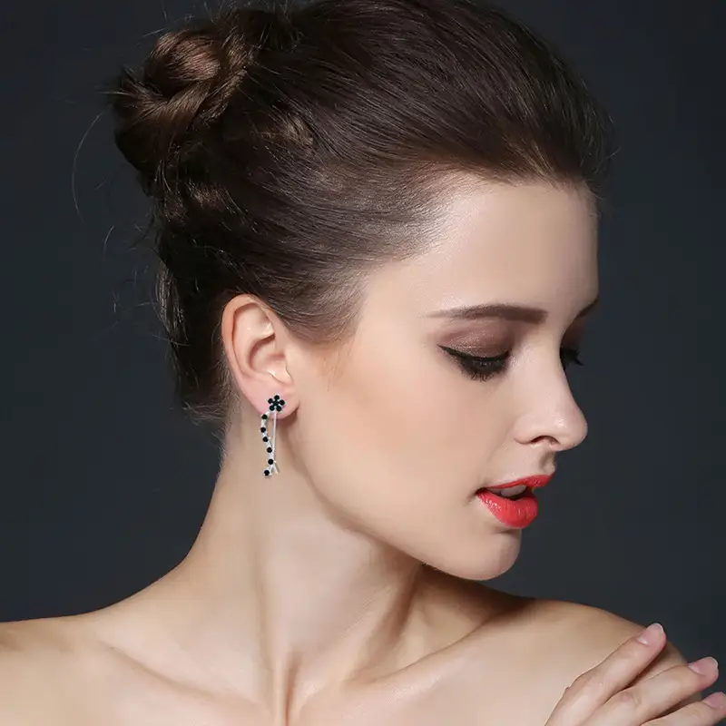 S925 Sterling Silver Earrings Female Black Zircon Ear Studs