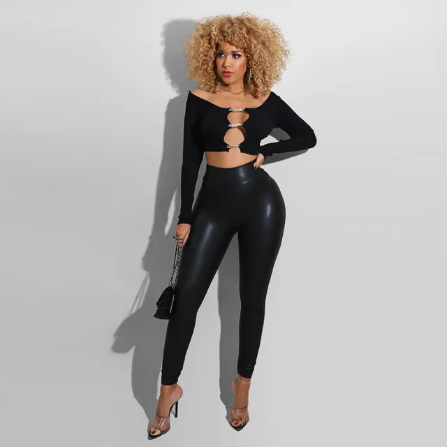 New Fashion Spring Solid Color Artificial Leather Trousers Black - Shop at LoveMi
