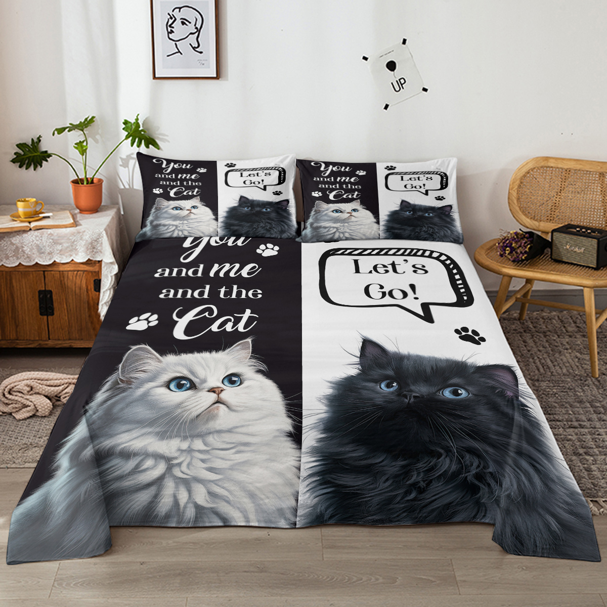 Cat Sheet, Pretty Cat Sheets Set 4Pcs,Black White Flat Sheet,Cute Animal Printed Bed Set With 1 Fitted Sheet 1 Flat Sheet 2 Pillowcases
