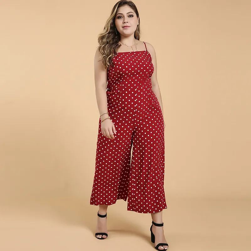 Sleeveless Suspender Polka Dot One-piece Cropped Wide-leg Pants - Red